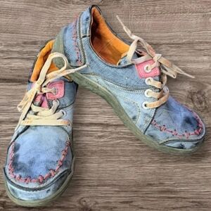 TMA Eyes Womens Handstitching Walking Leather Sneakers In Blue Denim | Size US10